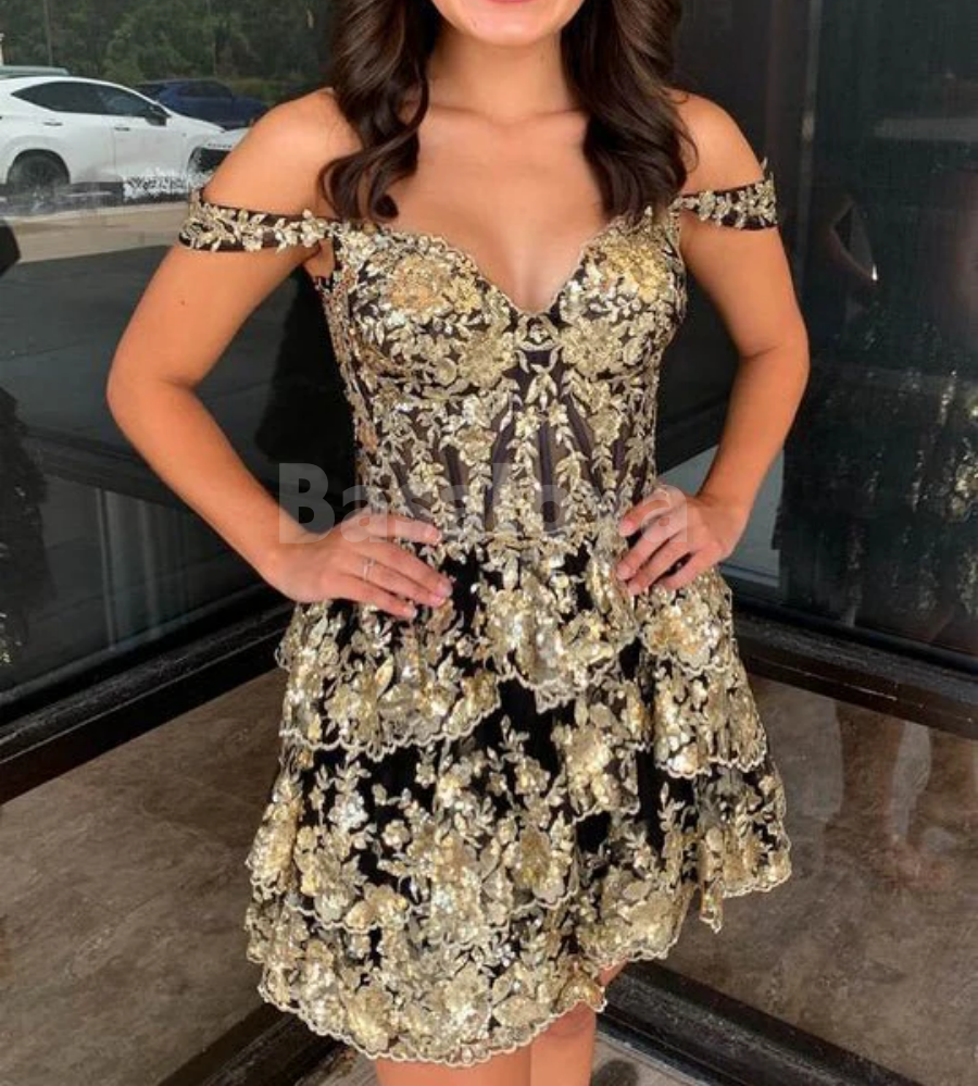 HM0039 Sparkly Off-Shoulder A-Line Gold Appliques Homecoming Dress