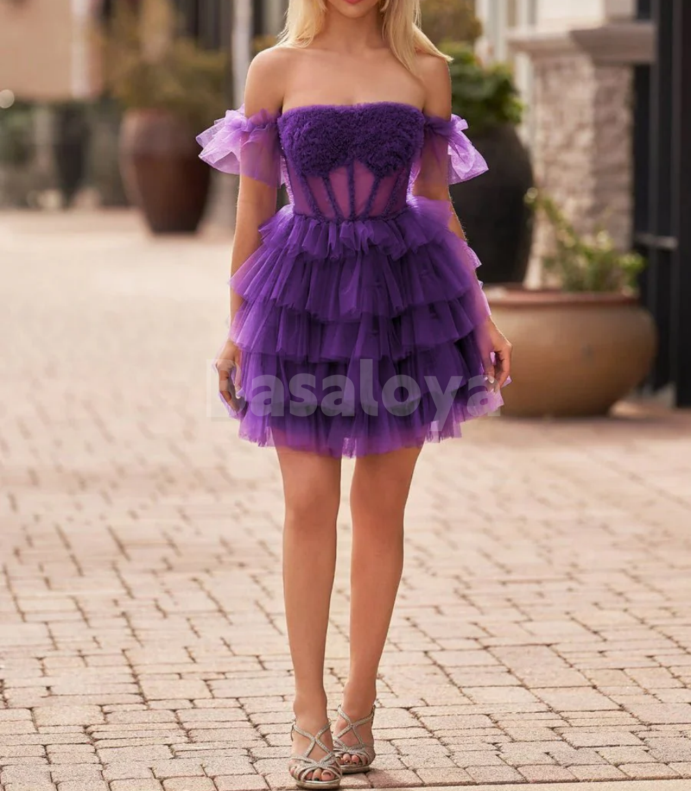 HM0036 Graceful Purple Off-Shoulder A-Line Tiered Lace Homecoming Gown