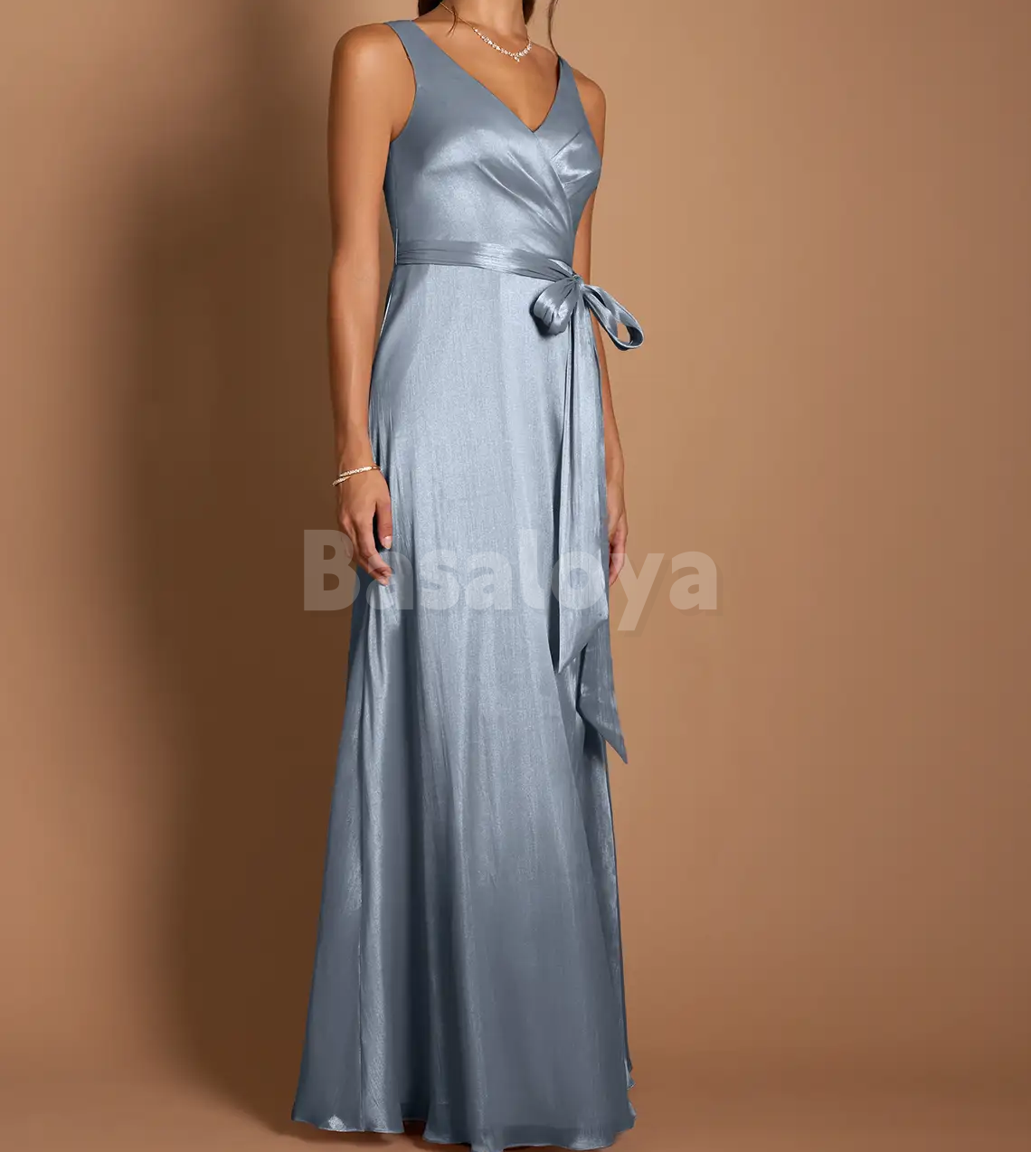 SP0273 Elegant Pink V-Neck A-Line Bow Prom Formal Dress with Side Slit