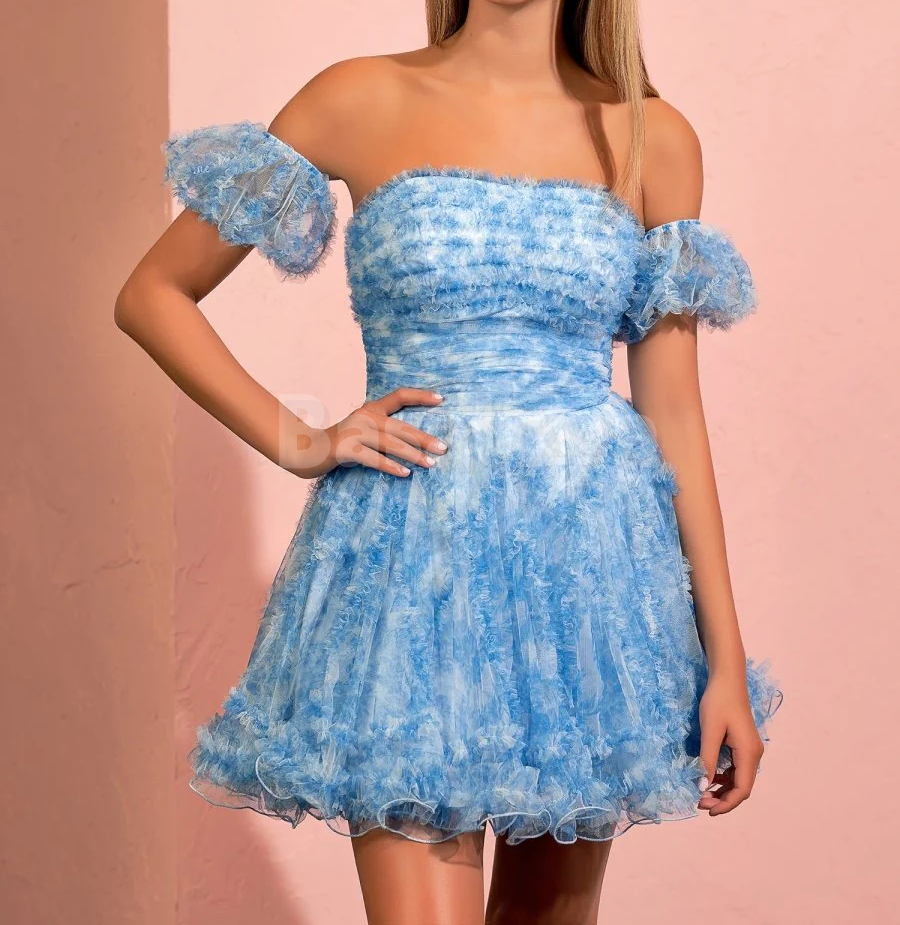 HM0110 Graceful Blue Printed Strapless A-Line Pleats Homecoming Dress