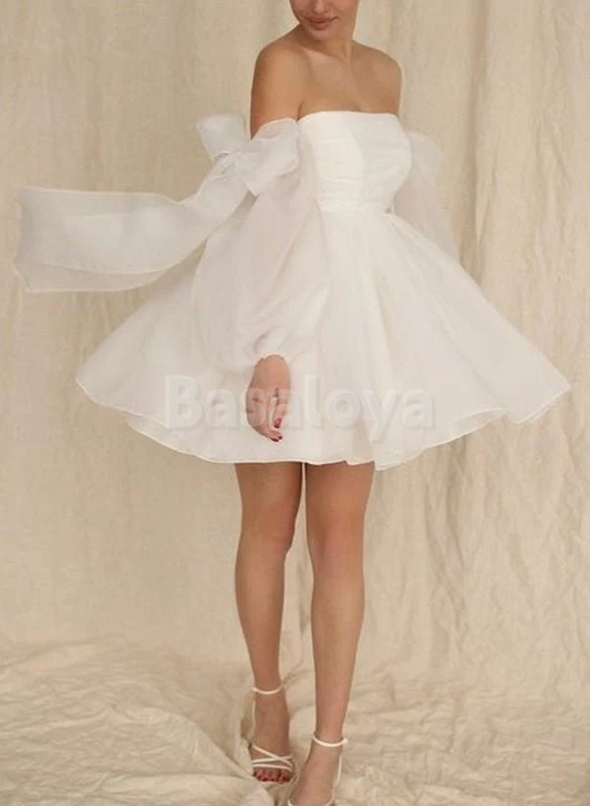 WD0065 Elegant White Long Sleeves Strapless A-Line Wedding Dress with Bows