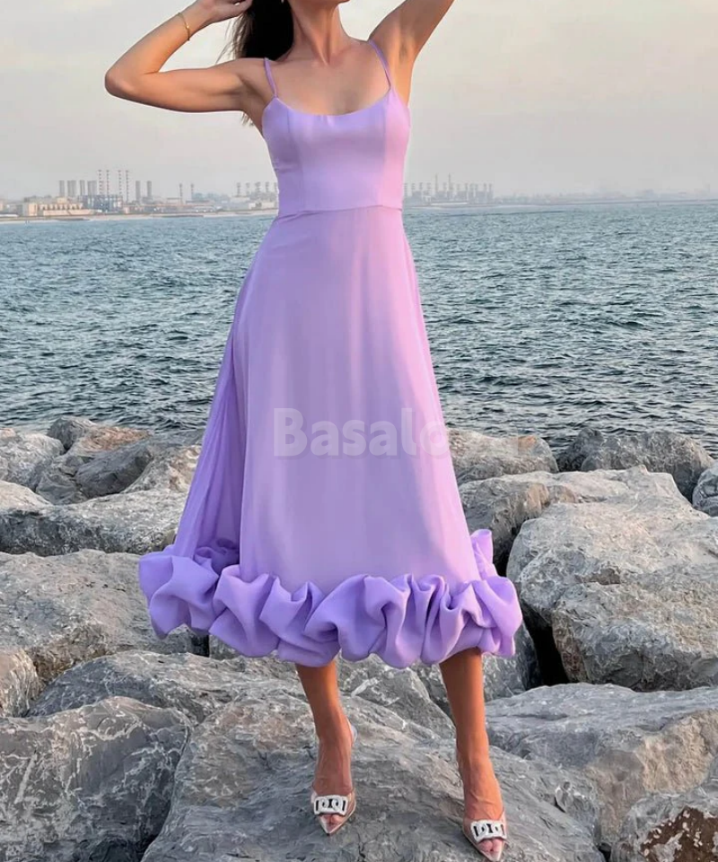SP0223 Elegant White Spaghetti Straps A-Line Midi Prom Dress with Ruffles