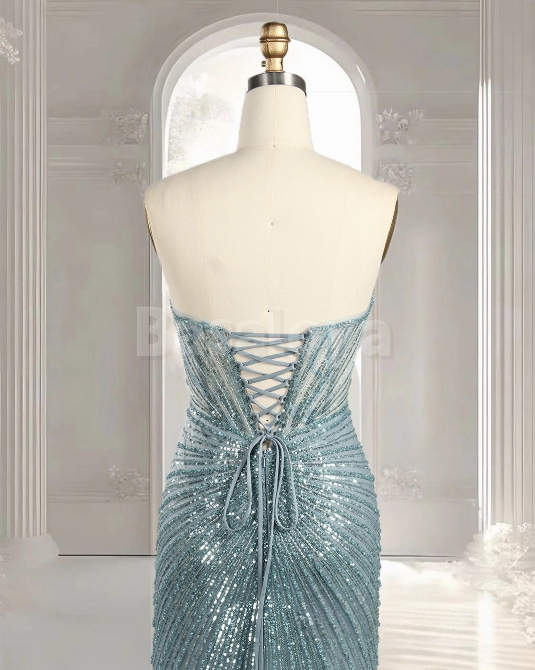 ED0036 Sparkly Lake Blue Beaded Sweetheart Sheath Sequined Evening Dress