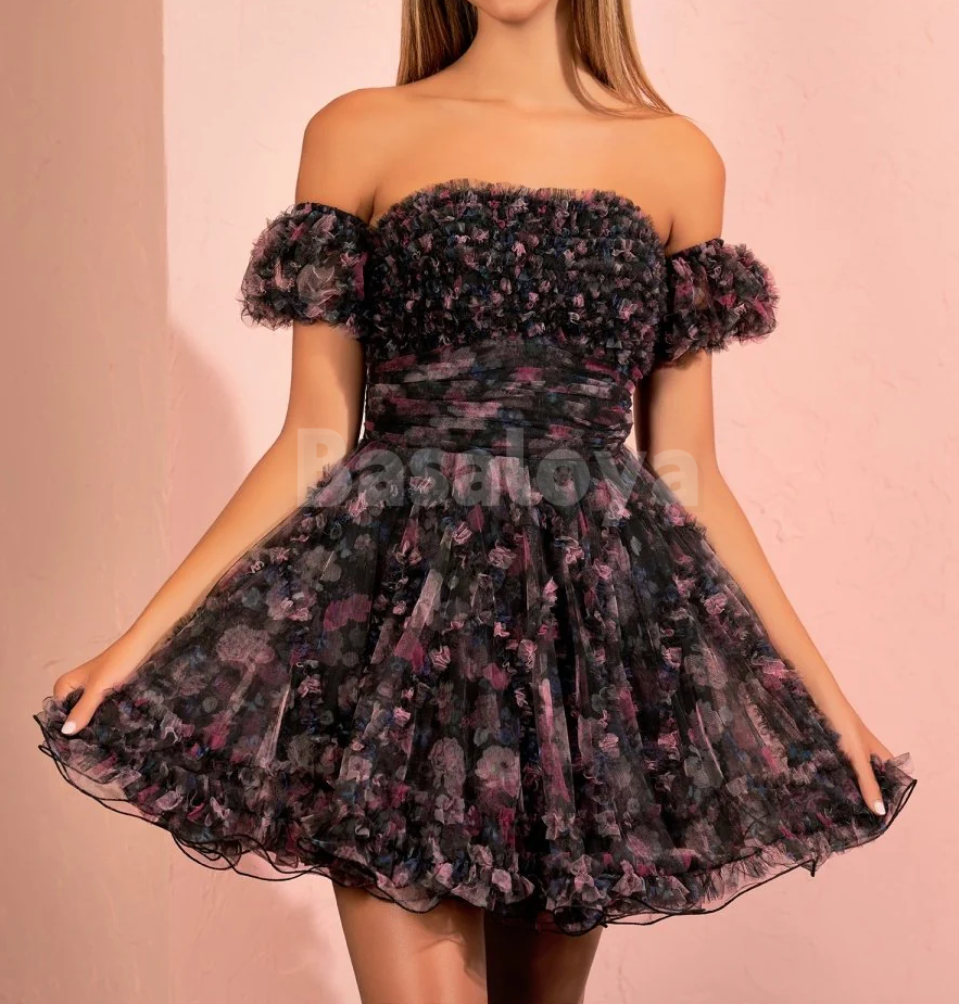 HM0110 Graceful Blue Printed Strapless A-Line Pleats Homecoming Dress