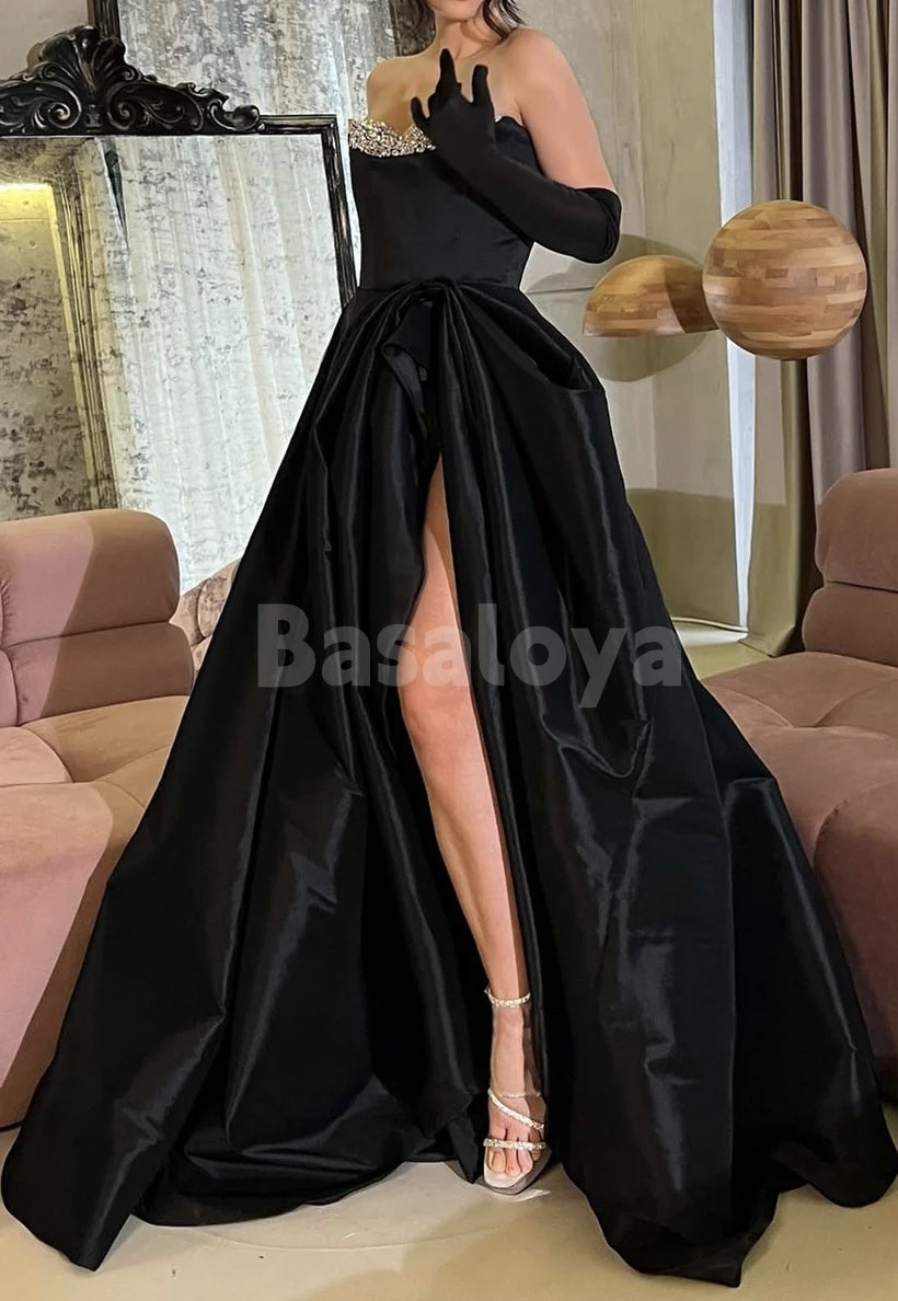 ED0051 Luxury Beaded Red Strapless A-Line Ruched Evening Gown with Gloves