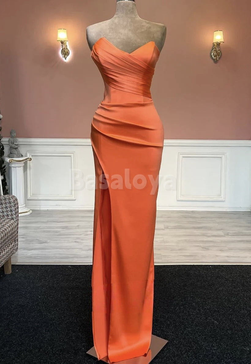 SP0108 Simple Orange Sweetheart Sheath Pleats Long Prom Dress with Slit