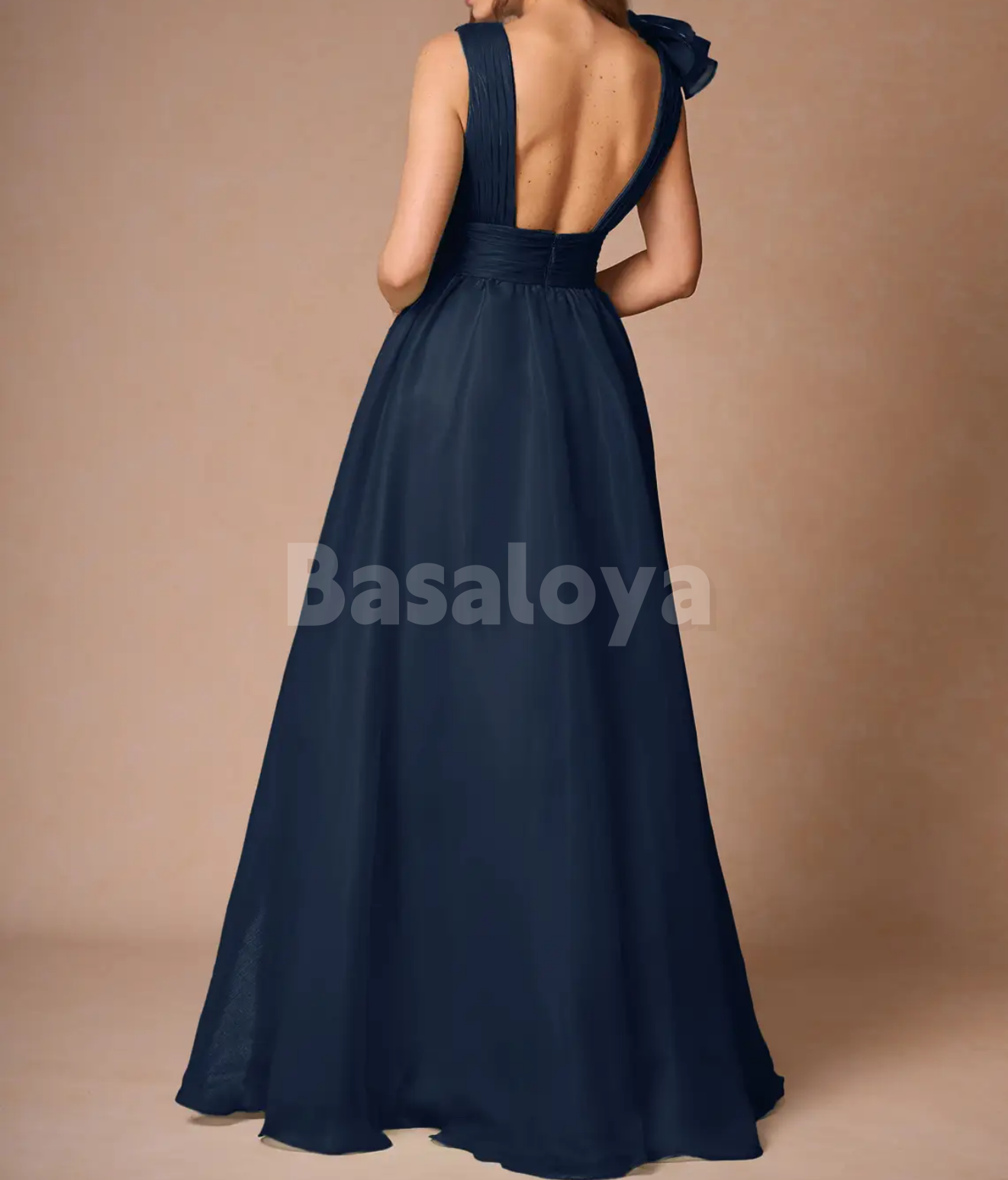 SP0255 Graceful Navy V-Neck A-Line Long Evening Prom Dress with Pleats