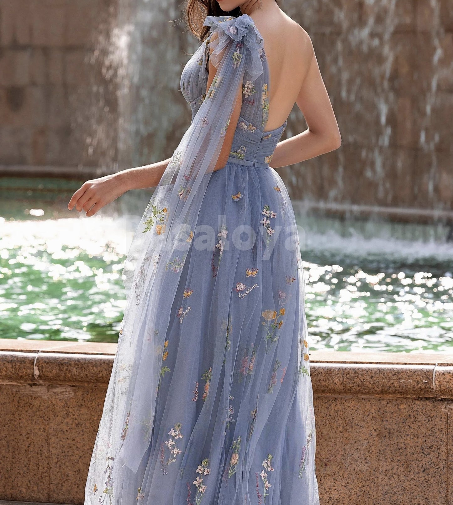ED0119 Elegant Blue Printed Flower A-Line One Shoulder Evening Gowns