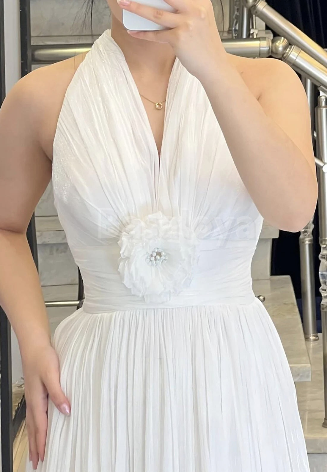 ED0071 Elegant White 3D Pearls Floral Halter A-Line Chiffon Evening Gown