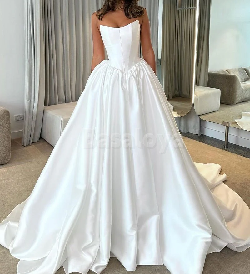 WD0064 Elegant White Strapless A-Line Pleats Satin Bridal Wedding Dress