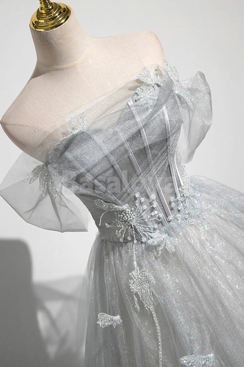 SP0168 Luxury Silver Tube Top A-Line Appliques Ball Gown Prom Dress with Pearls