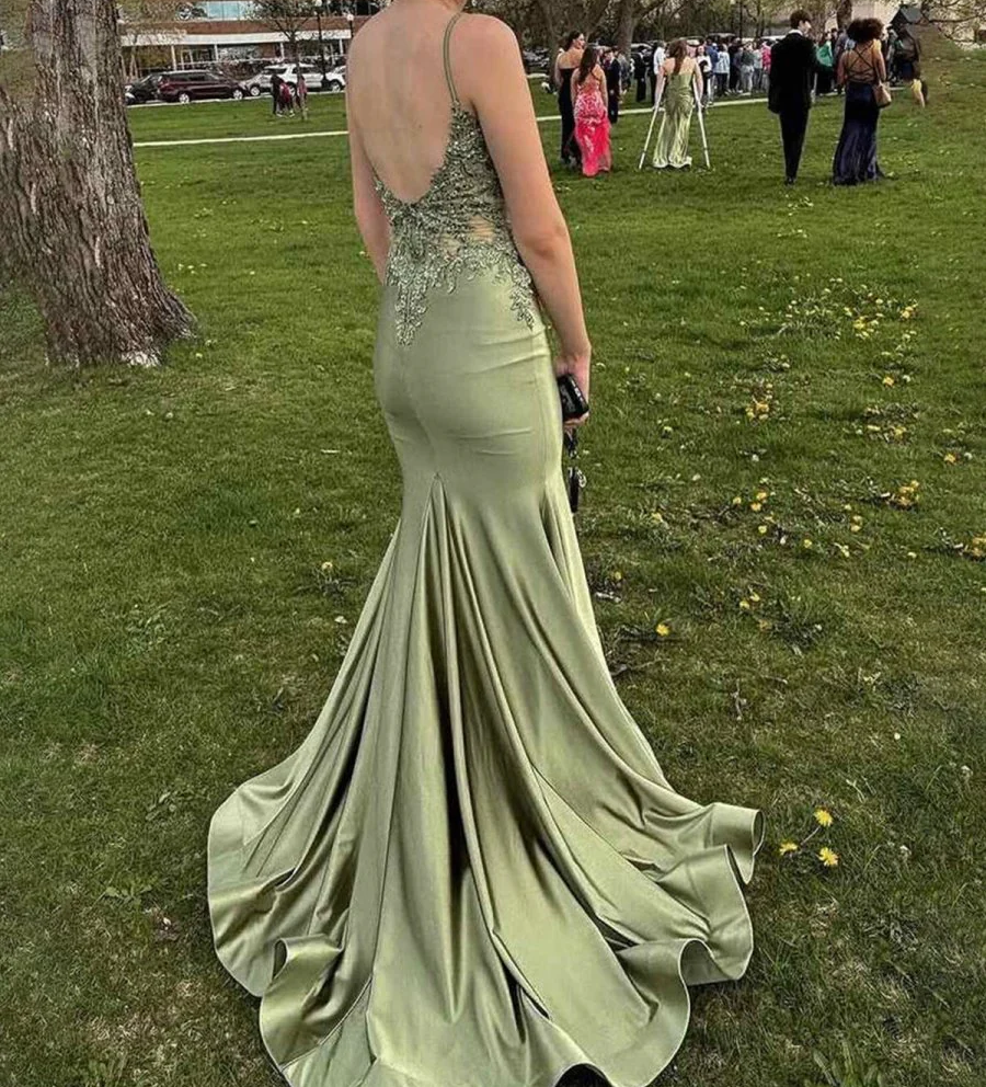 SP0185 Graceful Blue V-Neck Mermaid Evening Prom Dress with Appliques
