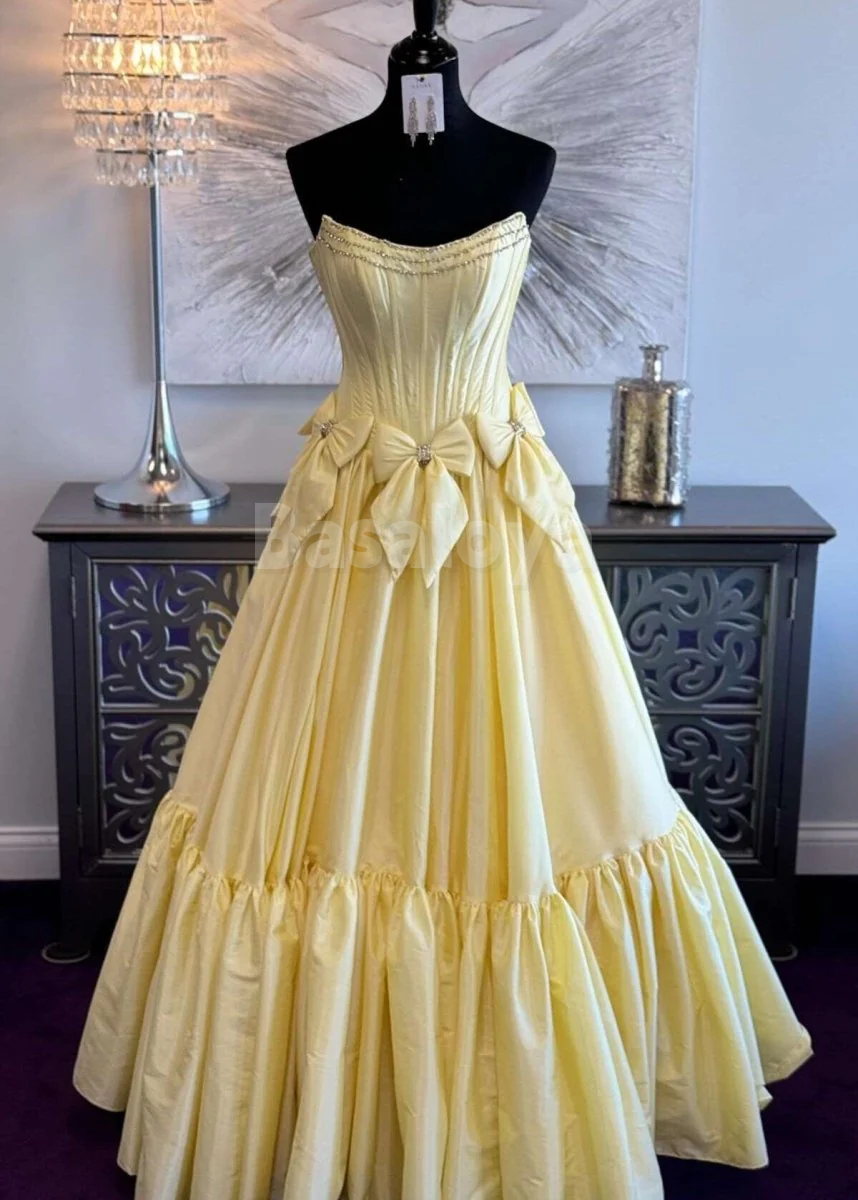 SP0172 Elegant Fuchsia Beaded Strapless A-Line Ball Gown with Bow Prom Dress