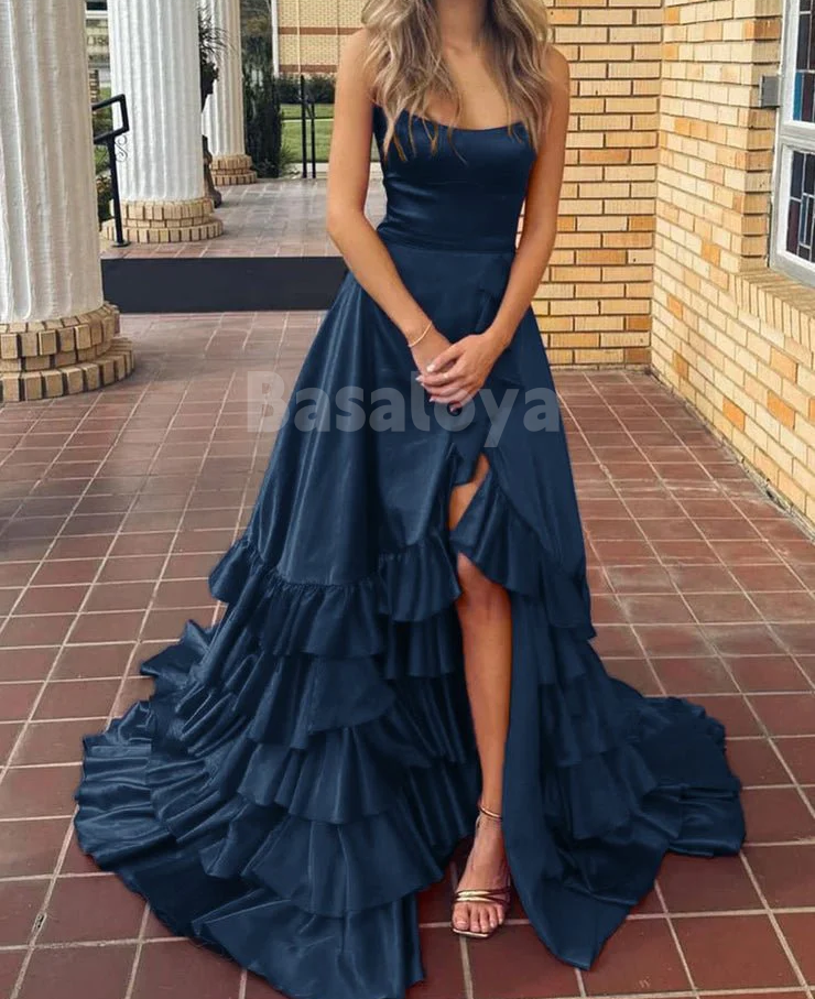 SP0148 Elegant Red Strapless A-Line Tiered Prom Dress with Slit