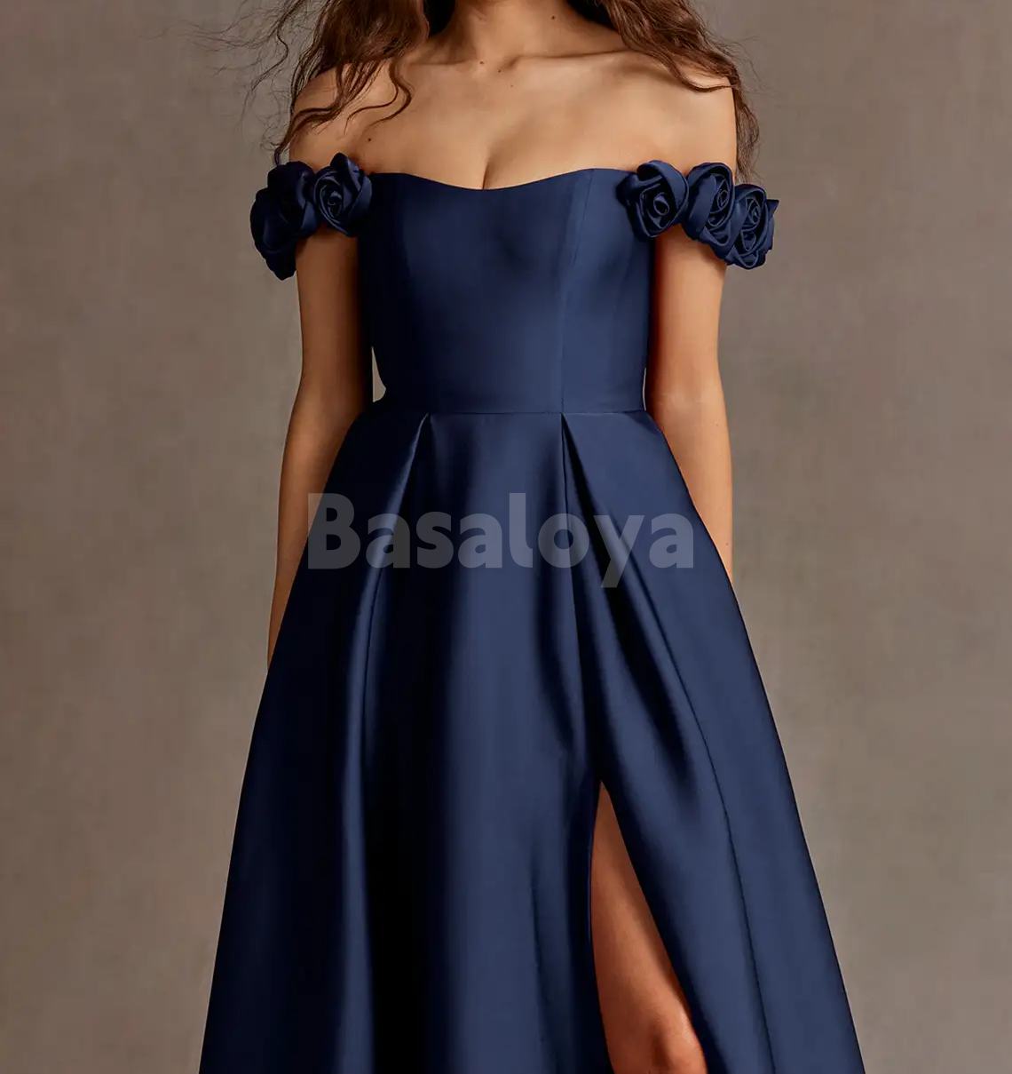 SP0249 Graceful Cream 3D Floral Off Shoulder A-Line Prom Dress with Slit
