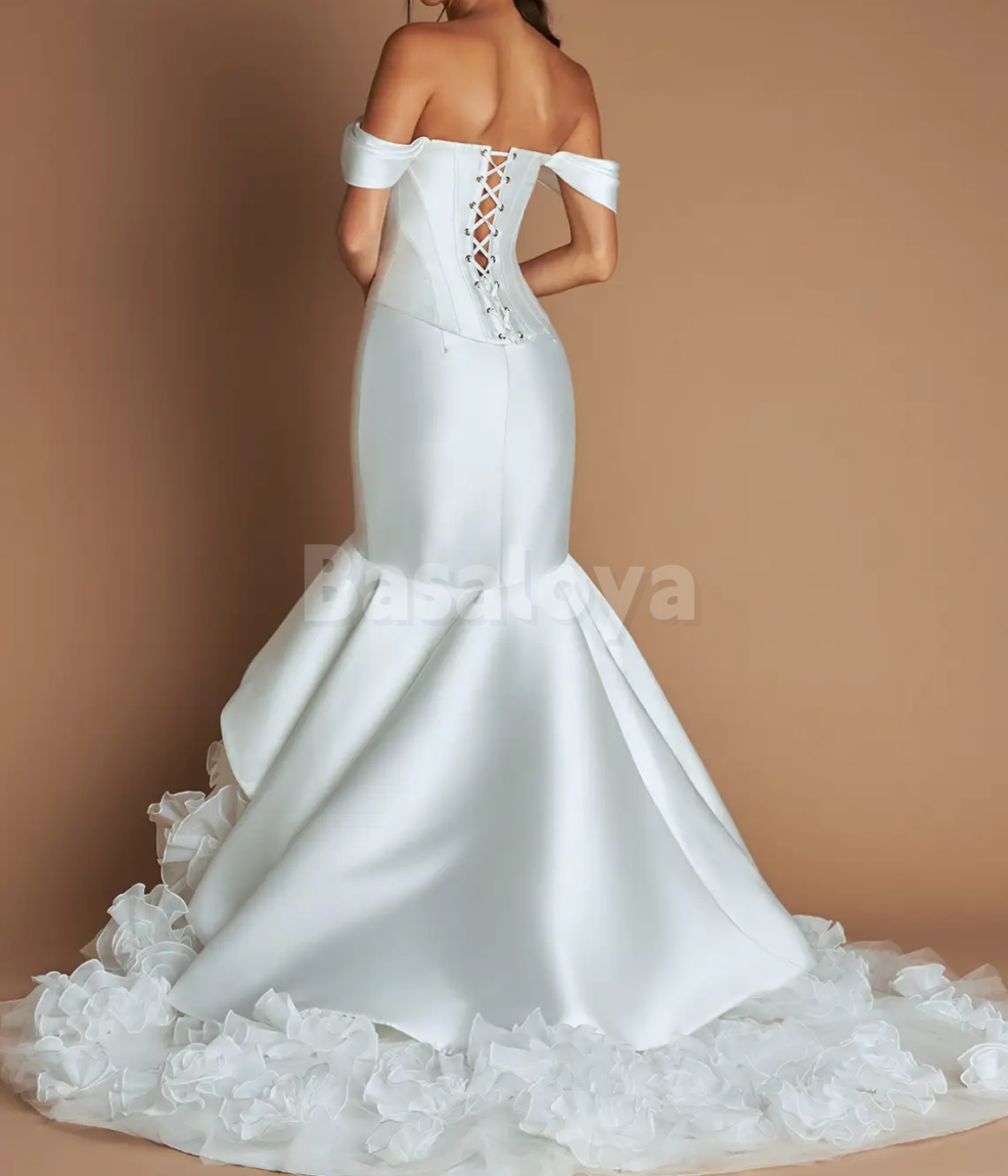 SP0267 Luxury White Off Shoulder Mermaid Prom Dress with Pleated Train