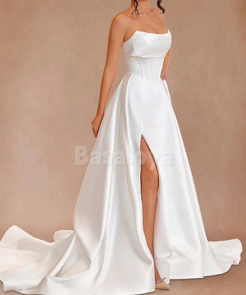 WD0062 Classic White Strapless A-Line Side Slit Wedding Gown with Overskirt