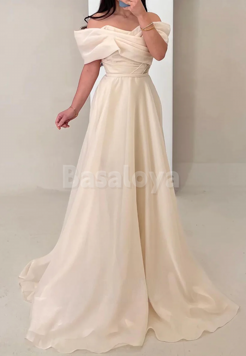 ED0062 Elegant Sage Off-Shoulder A-Line Evening Dress with Beads