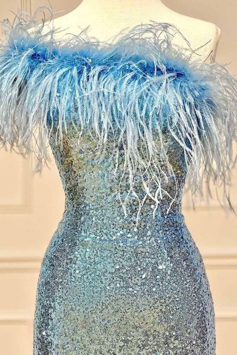 HM0143 Elegant Blue One Shoulder Sheath Sequins Party Gown with Feather