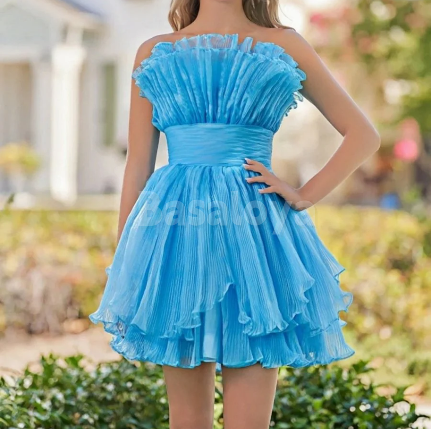 HM0091 Elegant Blue Strapless A-Line Tiered Mini Homecoming Dress