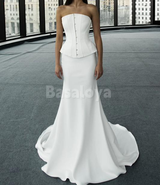 WD0145 Classic White 2 Pieces Tube Top Mermaid Wedding Dress Bridal Gown