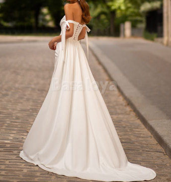 WD0025 Elegant Off-Shoulder Sheath Bow Boho Wedding Dress with Side Slit