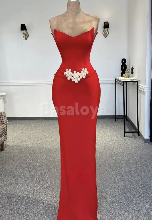 ED0093 Elegant Red 3D Beaded Floral Sweetheart Bodycon Evening Party Gown