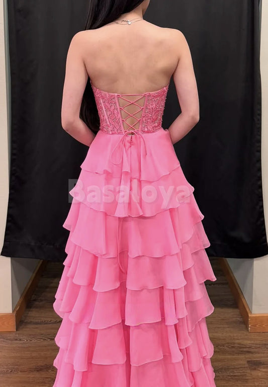 SP0102 Graceful Pink Sweetheart A-Line Tiered Prom Dress with Appliques