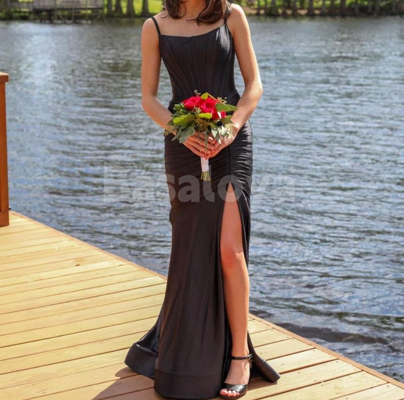 SP0196 Elegant Green Spaghetti Straps Mermaid Prom Formal Dress with Slit