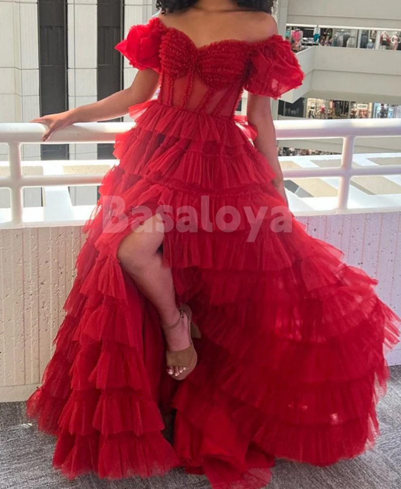 SP0194 Elegant Orange Sweetheart A-Line Puff Sleeves Tiered Prom Dress