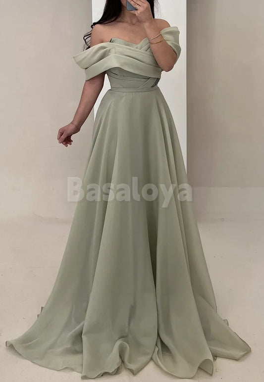ED0062 Elegant Sage Off-Shoulder A-Line Evening Dress with Beads