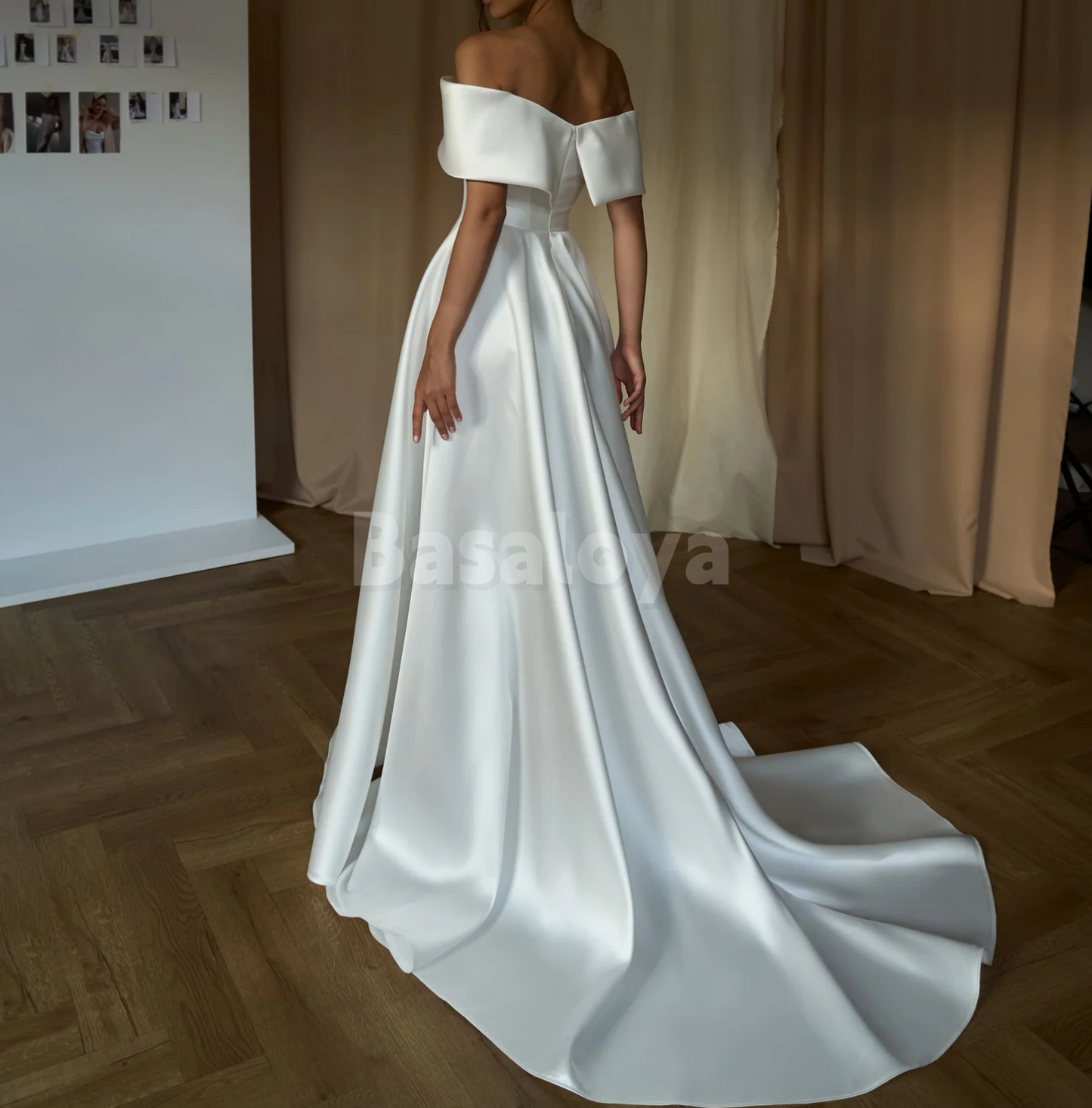 WD0152 Elegant White Off-Shoulder A-Line Pleated Satin Wedding Gowns