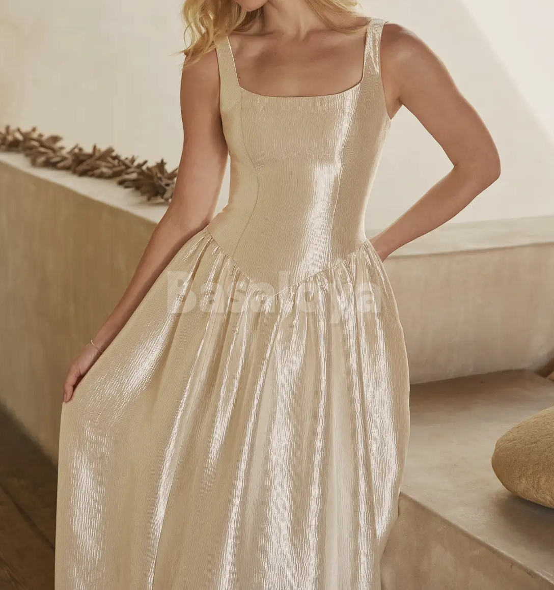 SP0261 Elegant Champagne Square Neck A-Line Prom Formal Gown with Pockets