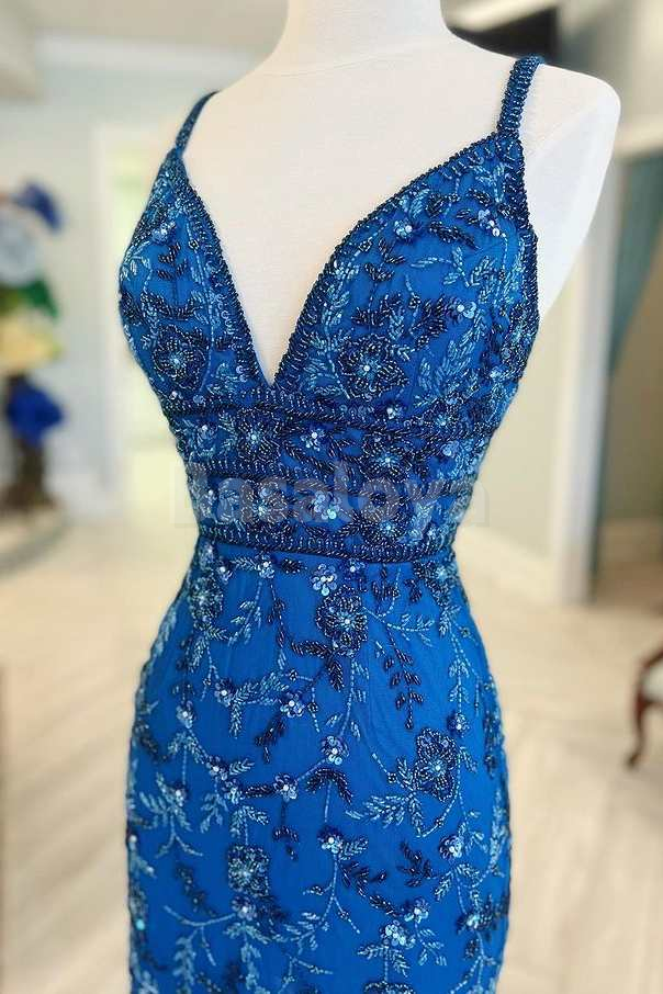 HM0153 Luxury Blue Beaded Flower V-Neck Bodycon Mini Homecoming Gowns
