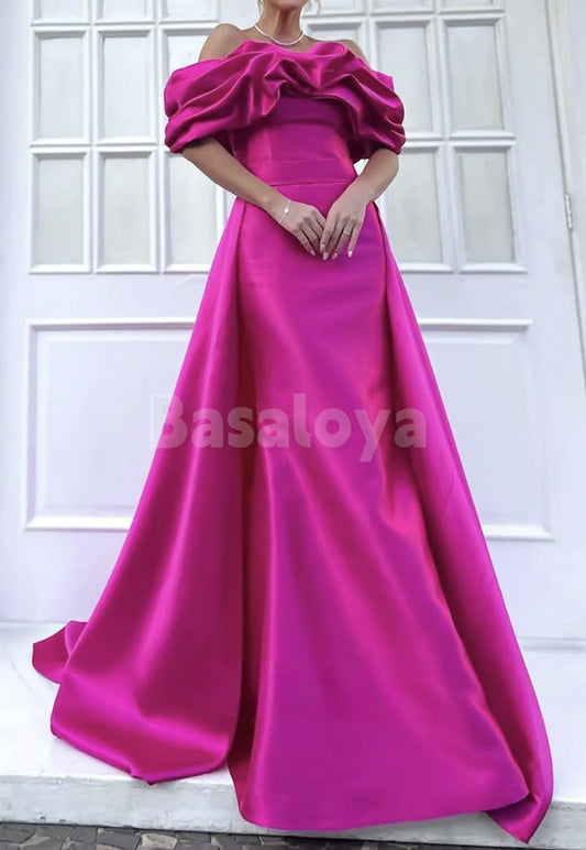 ED0077 Elegant Fuchsia Off-Shoulder Satin Evening Dress with Overskirt