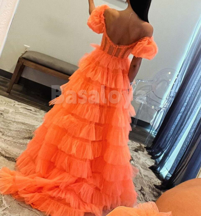 SP0194 Elegant Orange Sweetheart A-Line Puff Sleeves Tiered Prom Dress