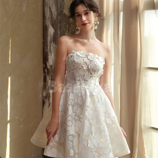 WD0041 Elegant White Strapless A-Line Mini Wedding Dress with 3D Floral