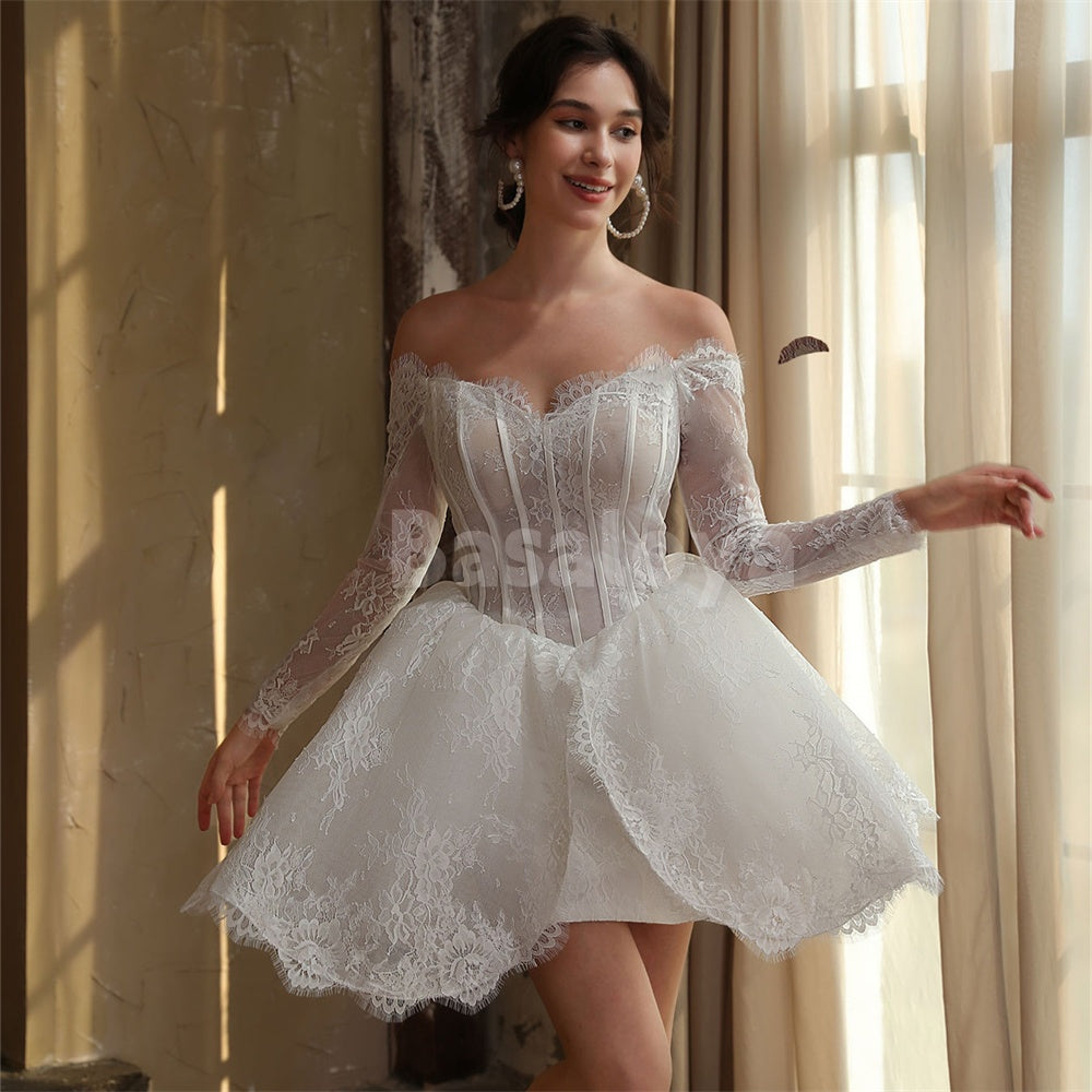 WD0043 Elegant Long Sleeves A-Line Sweetheart Lace Wedding Dress
