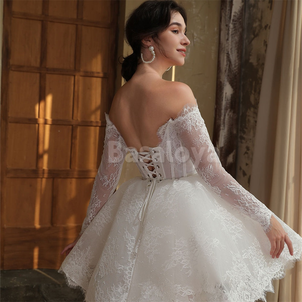 WD0043 Elegant Long Sleeves A-Line Sweetheart Lace Wedding Dress