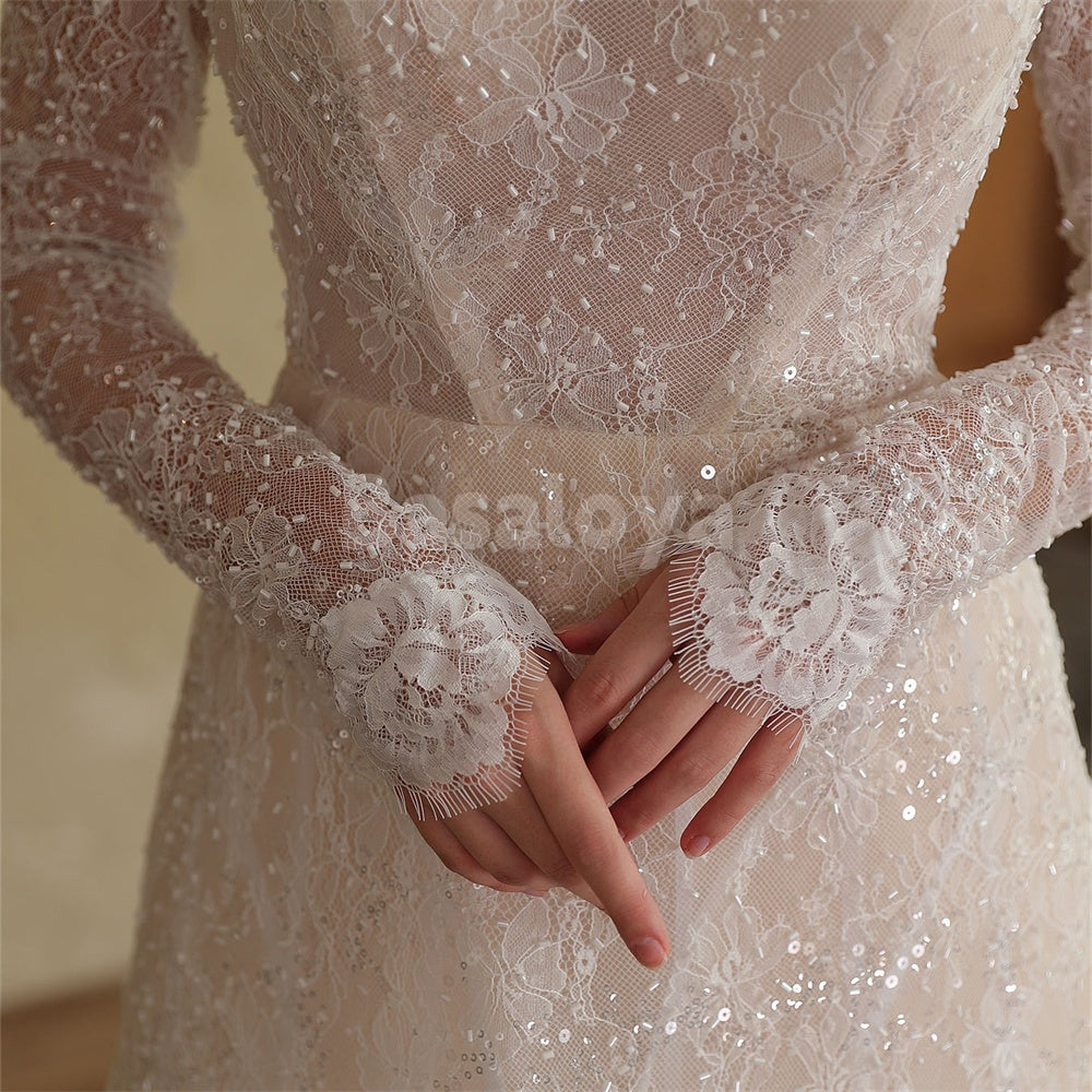 WD0045 Elegant Spaghetti Straps A-Line Sequins Lace Wedding Dress with Coat