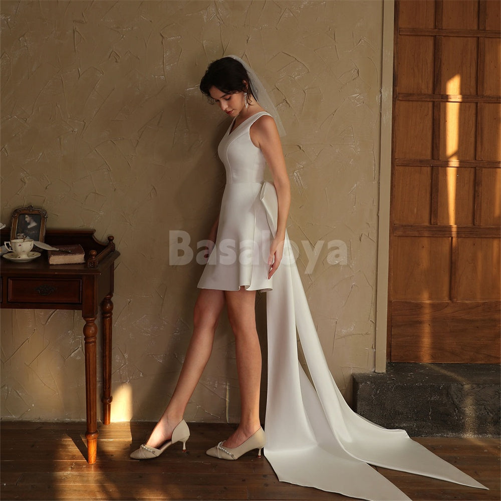 WD0046 Classic V-Neck A-Line Satin Mini Wedding Dress with Bow