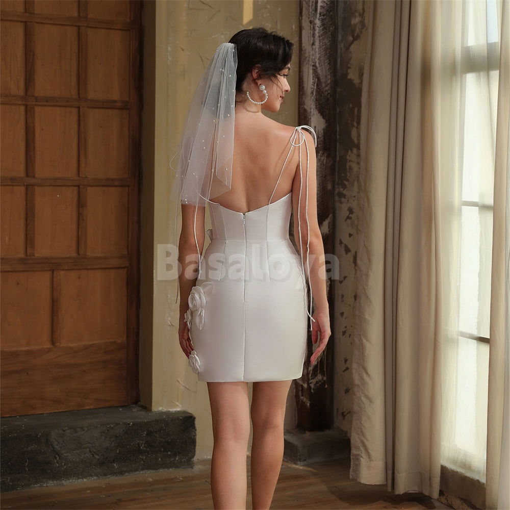 WD0047 Luxury V-Neck Boydcon Mini Satin Wedding Dress with 3D Flowers