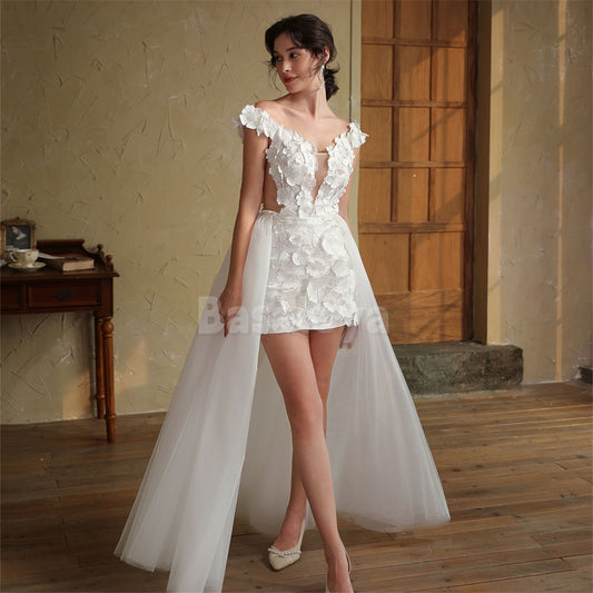 WD0048 Luxury 3D Pearls Floral Off-Shoulder Bodycon Bridal Gown with Overskirt