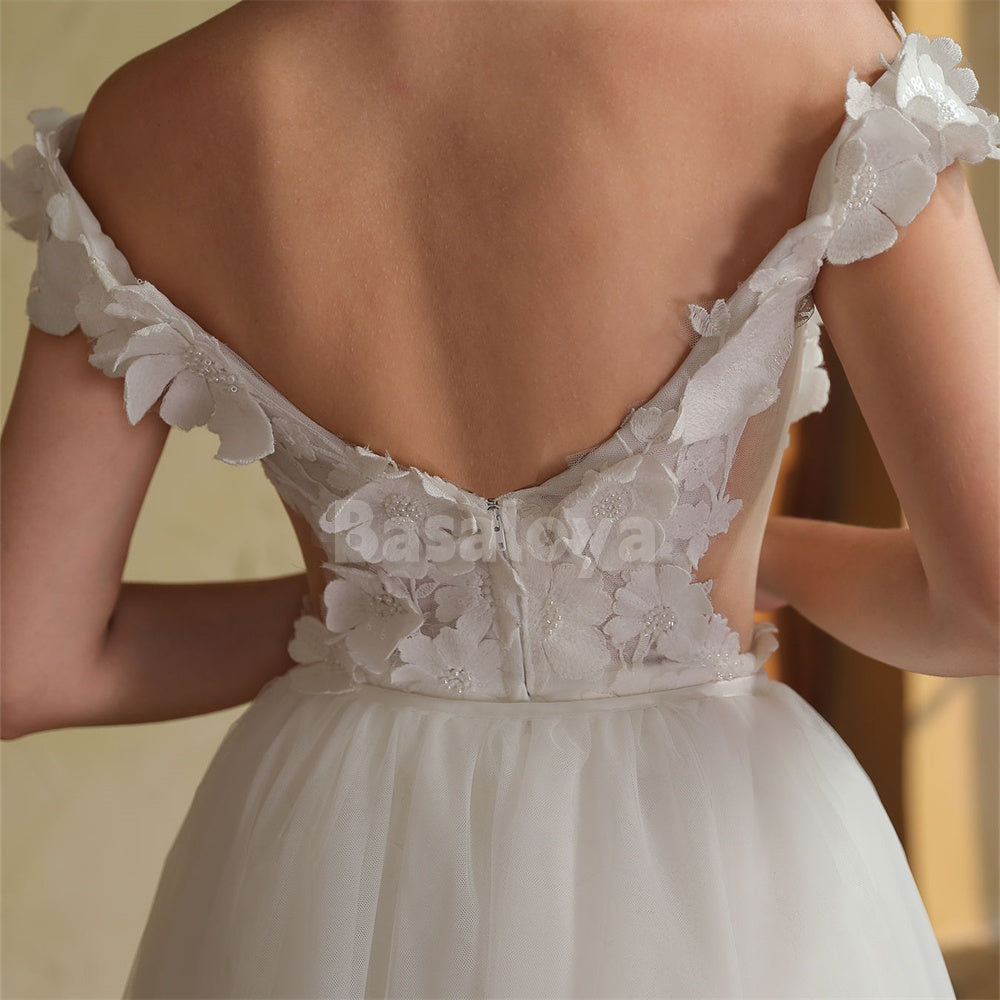 WD0048 Luxury 3D Pearls Floral Off-Shoulder Bodycon Bridal Gown with Overskirt