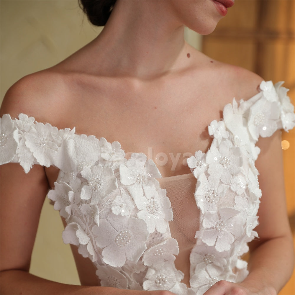 WD0048 Luxury 3D Pearls Floral Off-Shoulder Bodycon Bridal Gown with Overskirt