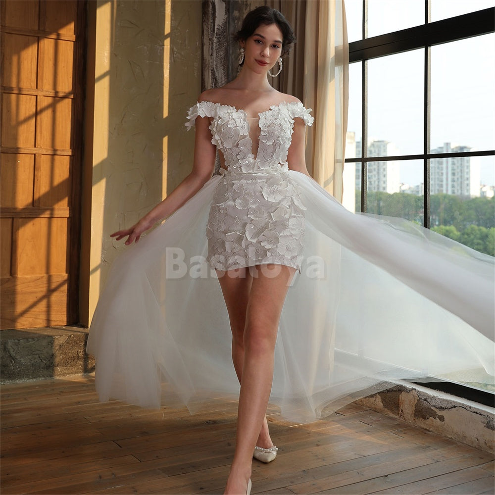 WD0048 Luxury 3D Pearls Floral Off-Shoulder Bodycon Bridal Gown with Overskirt