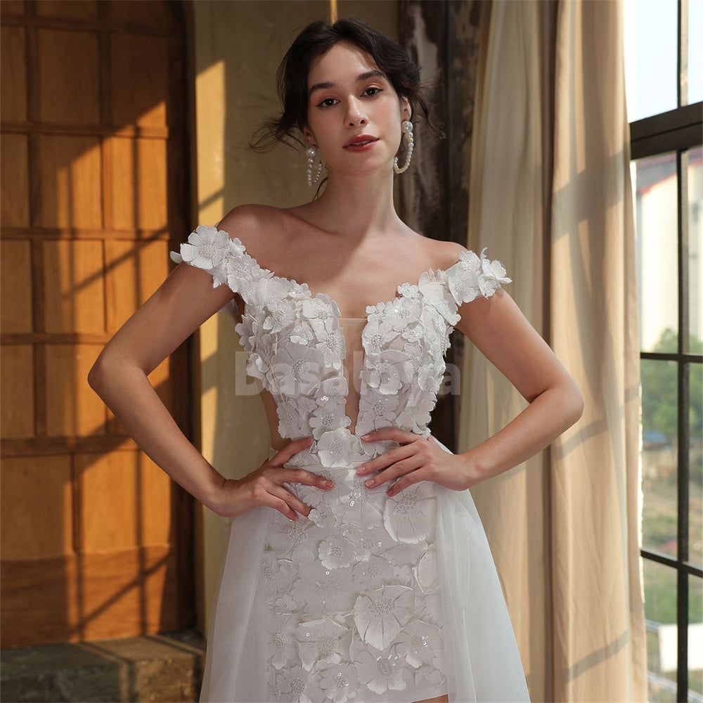WD0048 Luxury 3D Pearls Floral Off-Shoulder Bodycon Bridal Gown with Overskirt