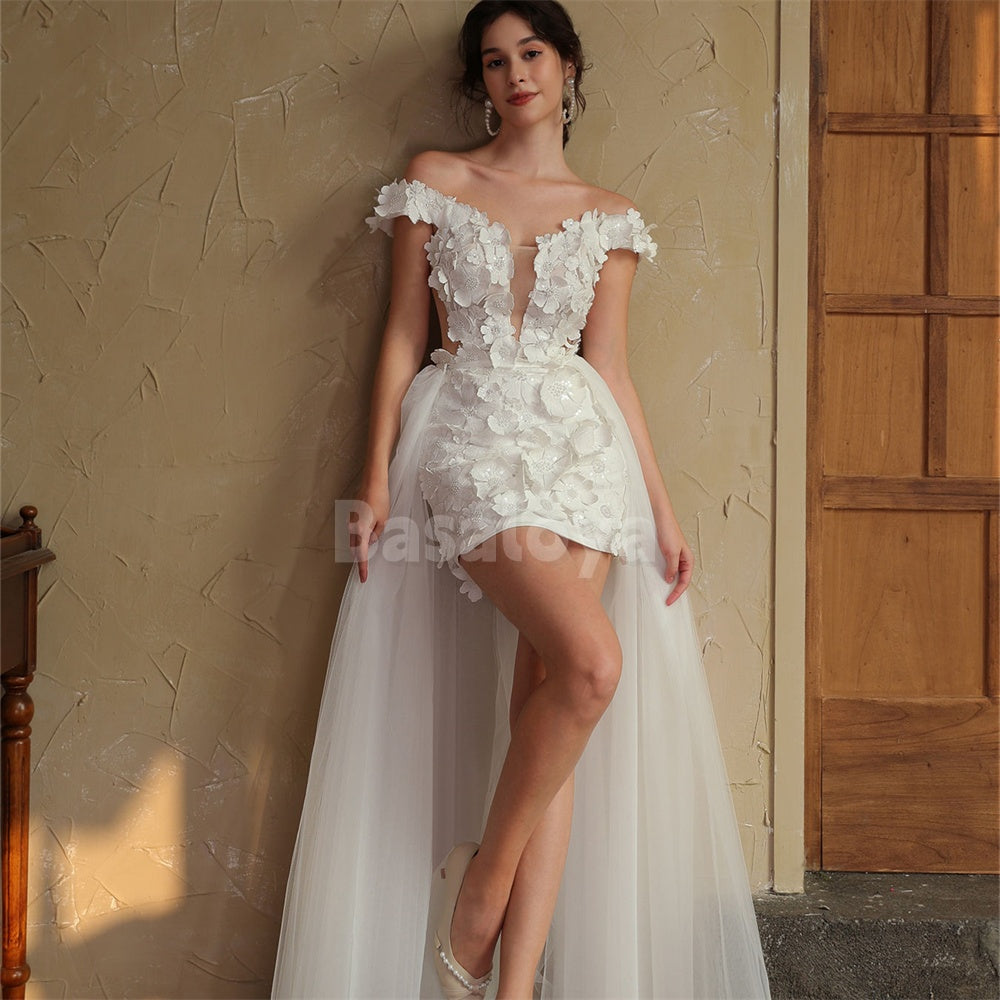 WD0048 Luxury 3D Pearls Floral Off-Shoulder Bodycon Bridal Gown with Overskirt