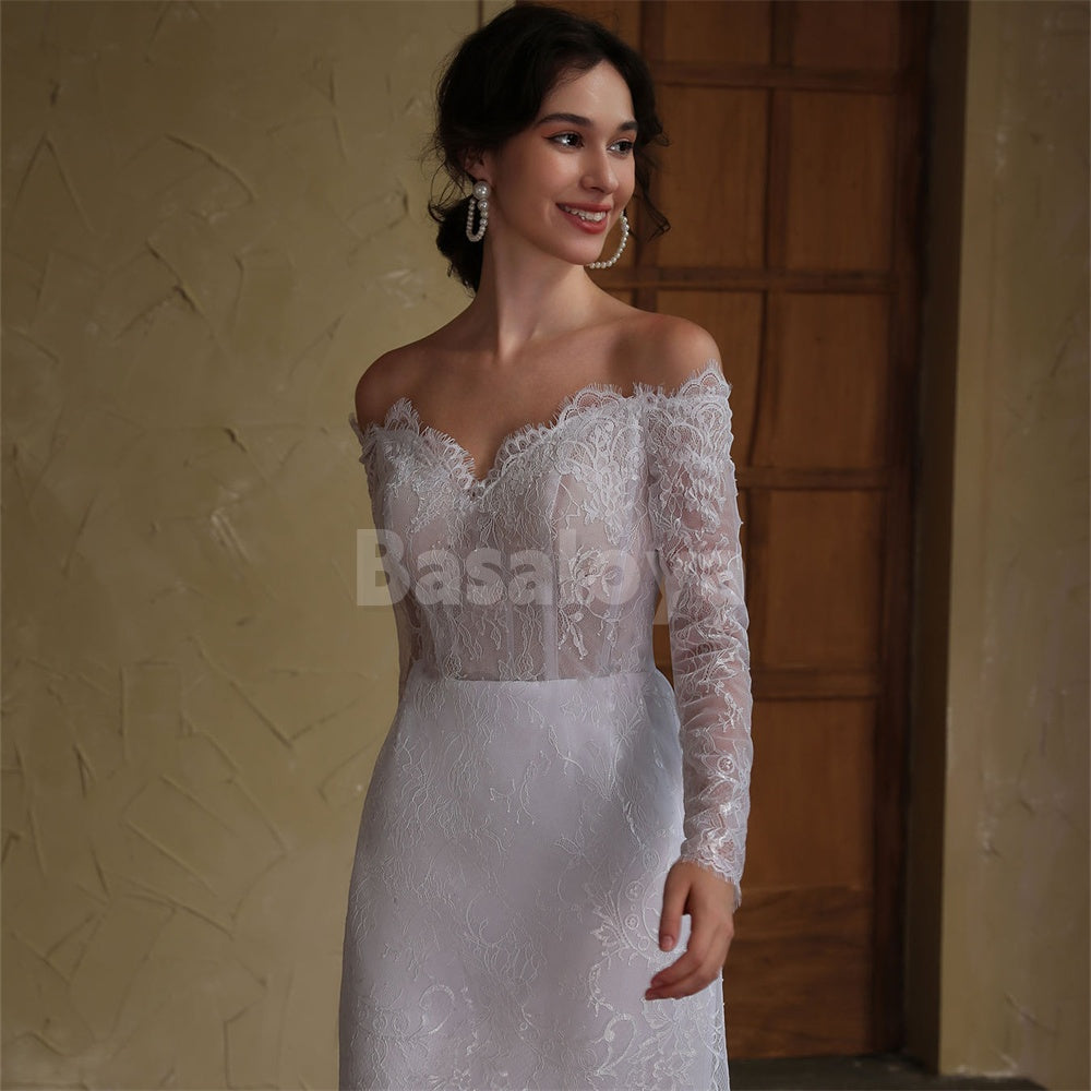 WD0049 Graceful Long Sleeves Sweetheart Corset Lace Wedding Dress