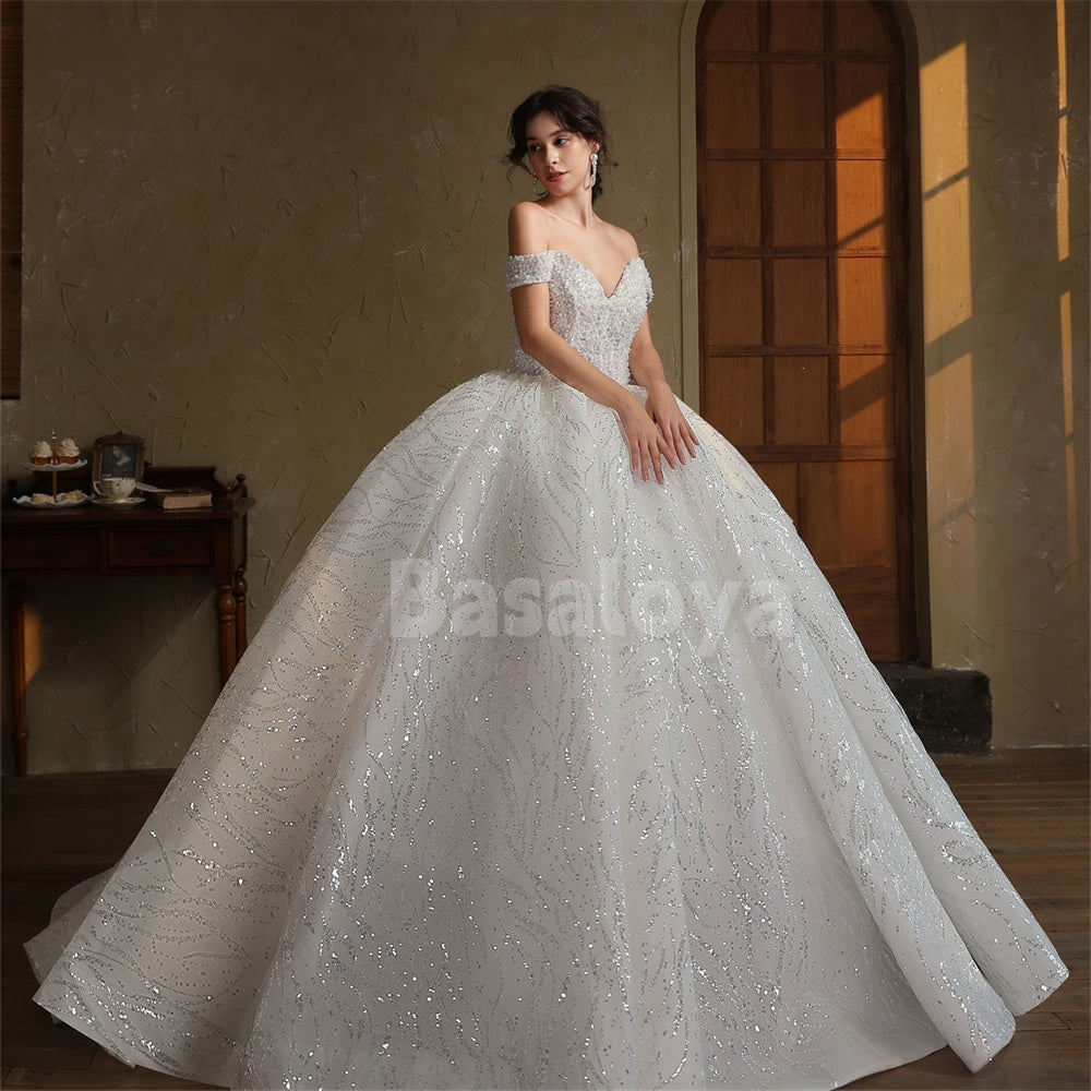 WD0051 Luxury White Pearls Off-Shoulder A-Line Sequins Wedding Dress